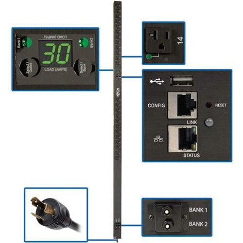 Tripp Lite Single-Phase Switched PDU - LX Platform Interface, 120V Outlets, 24 NEMA 5-15/20R, L5-30P Plug, 10ft Cord, 0U - PDUMVR30NETLX