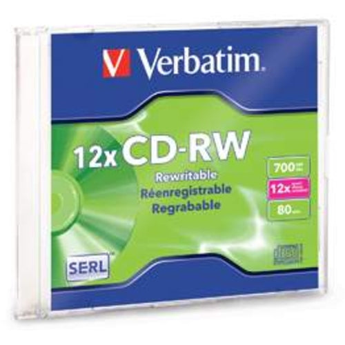 Verbatim CD-RW, 700MB, 4X-12X High Speed, Branded Surface, 1/PK Slim Case