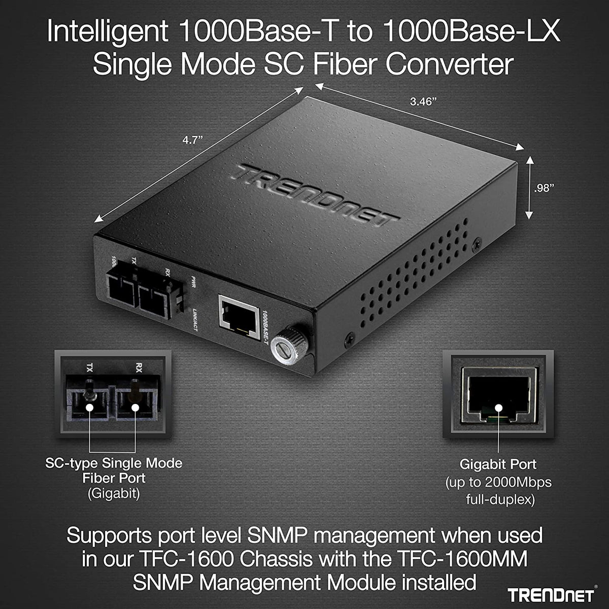 TRENDnet Intelligent 1000Base-T to 1000Base-LX/SX Single Mode SC Fiber Media Converter (20KM, 12.4Miles), Fiber to Ethernet Converter, SC Type Fiber Port, RJ-45,Lifetime Protection, TFC-1000S20 , Black 20 KM