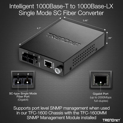 TRENDnet Intelligent 1000Base-T to 1000Base-LX/SX Single Mode SC Fiber Media Converter (20KM, 12.4Miles), Fiber to Ethernet Converter, SC Type Fiber Port, RJ-45,Lifetime Protection, TFC-1000S20 , Black 20 KM