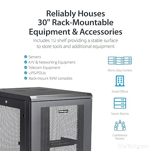 StarTech.com 4-Post 18U Server Rack Cabinet, 19 Data Rack Cabinet for IT / Network Equipment, with Adjustable Mounting Rails 18U Cabinet RK1833BKM