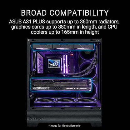 ASUS A31 Plus Black ATX case (Hidden-Connector motherboards, 360mm radiators and 380mm Graphics Cards, with Black or White Color Options, Four pre-Installed ARGB Fans, Clean Cable Management)