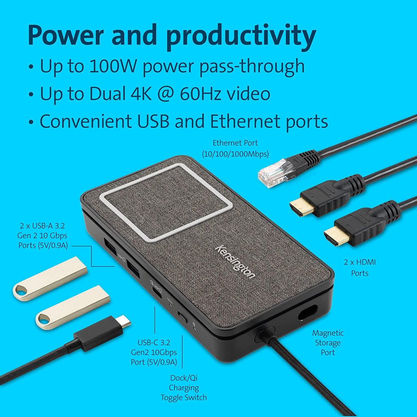 Kensington Ipad and Mac USB-C Dual 4K HDMI Docking Station with Qi Charging (K32800WW)