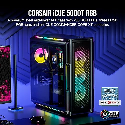 Corsair iCUE 5000T RGB Mid-Tower ATX PC Case (208 Individually Addressable RGB LEDs, Fits Multiple 360mm Radiators, Three CORSAIR LL120 RGB Fans & Commander CORE XT Controller Included) Black