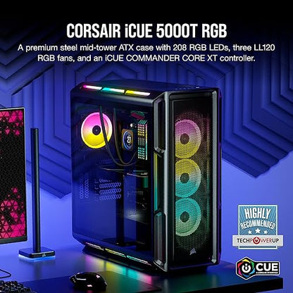 Corsair iCUE 5000T RGB Mid-Tower ATX PC Case (208 Individually Addressable RGB LEDs, Fits Multiple 360mm Radiators, Three CORSAIR LL120 RGB Fans & Commander CORE XT Controller Included) Black