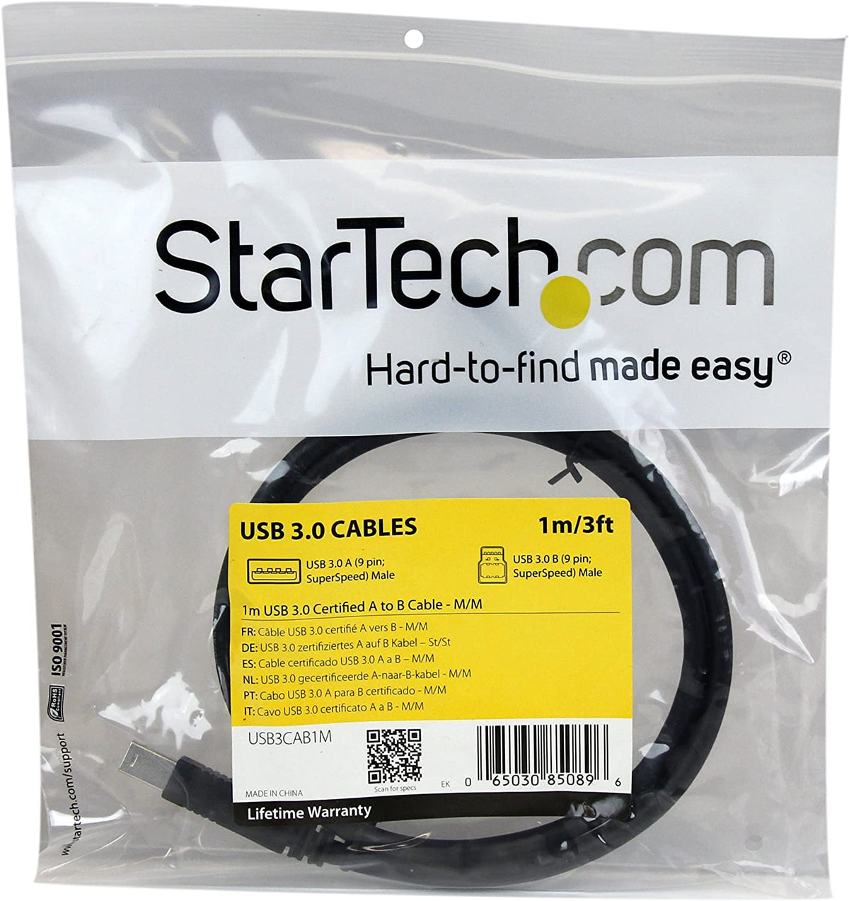 StarTech.com 1m 3 ft Certified SuperSpeed USB 3.0 A to B Cable Cord - USB 3 Cable - 1x USB 3.0 A (M), 1x USB 3.0 B (M) - 1 meter, Black (USB3CAB1M) Black 3 feet