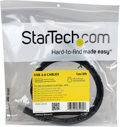 StarTech.com 1m 3 ft Certified SuperSpeed USB 3.0 A to B Cable Cord - USB 3 Cable - 1x USB 3.0 A (M), 1x USB 3.0 B (M) - 1 meter, Black (USB3CAB1M) Black 3 feet