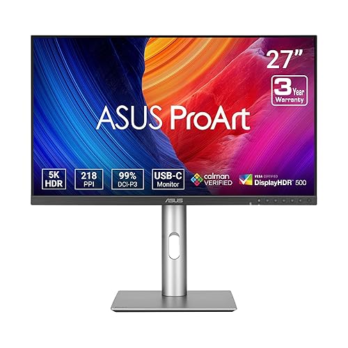 ASUS ProArt Display 27” 5K HDR Professional Monitor (PA27JCV) - 5K (5120 x 2880), IPS, 99% DCI-P3, 100% sRGB, ?E < 2, USB-C PD 96W, Calman Verified, Color Accurate, Auto KVM, LuxPixel, 3 yr Warranty