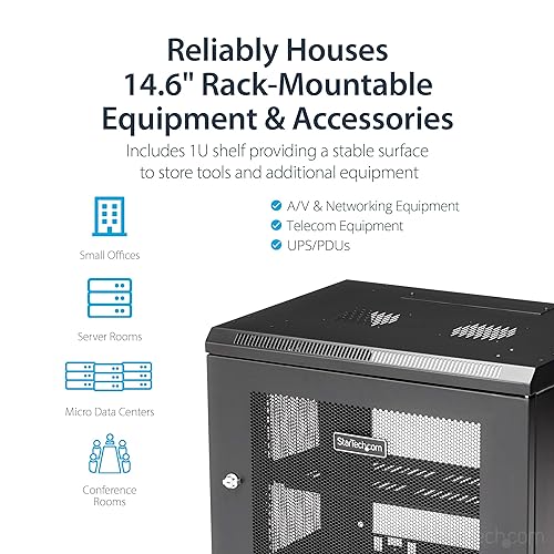 StarTech.com 2-Post 9U Wall Mount Network Cabinet w/ 1U Shelf, 19 Wall-Mounted Server Rack for IT / Data Computer Equipment Depth (6 to 15) Cabinet
