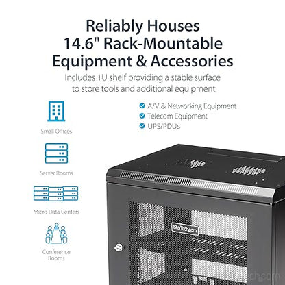 StarTech.com 2-Post 9U Wall Mount Network Cabinet w/ 1U Shelf, 19 Wall-Mounted Server Rack for IT / Data Computer Equipment Depth (6 to 15) Cabinet