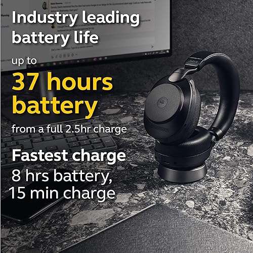 Jabra Evolve2 85 MS Wireless Headphones with Link380a & Charging Stand, Stereo, Black – Wireless Bluetooth Headset for Calls and Music, 37 Hours of Battery Life, Advanced Noise Cancelling Headphones