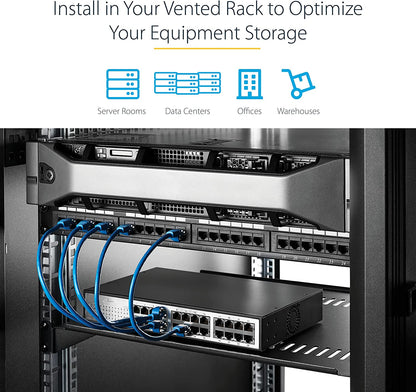 StarTech.com 2U Server Rack Shelf - Universal Vented Rack Mount Cantilever Tray for 19" Network Equipment Rack &amp; Cabinet - Heavy Duty Steel - Weight Capacity 50lb/23kg - 16" Deep Shelf (CABSHELFV) 2U 16" Depth Rack Shelf