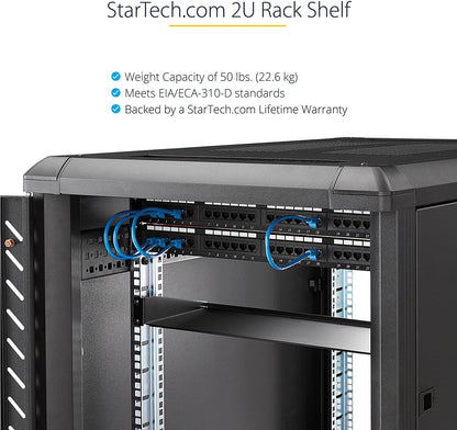 StarTech.com 2U Server Rack Shelf - Universal Rack Mount Cantilever Shelf for 19" Network Equipment Rack &amp; Cabinet - Heavy Duty Steel Weight Capacity 50lb/23kg - 22" Deep Tray, Black (CABSHELF22) 22" Depth 22" Depth