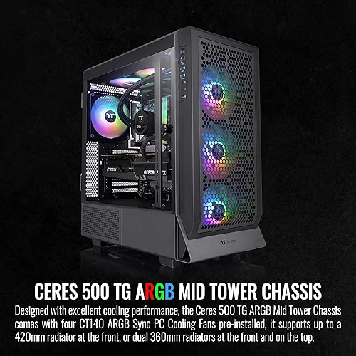 Thermaltake Ceres 500 Black Mid Tower E-ATX Computer Case with Tempered Glass Side Panel; 4 Preinstalled PWM ARGB Fans; Rotational PCIe Slots & GPU Holder; CA-1X5-00M1WN-00; 3 Years Warranty