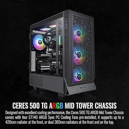Thermaltake Ceres 500 Black Mid Tower E-ATX Computer Case with Tempered Glass Side Panel; 4 Preinstalled PWM ARGB Fans; Rotational PCIe Slots & GPU Holder; CA-1X5-00M1WN-00; 3 Years Warranty