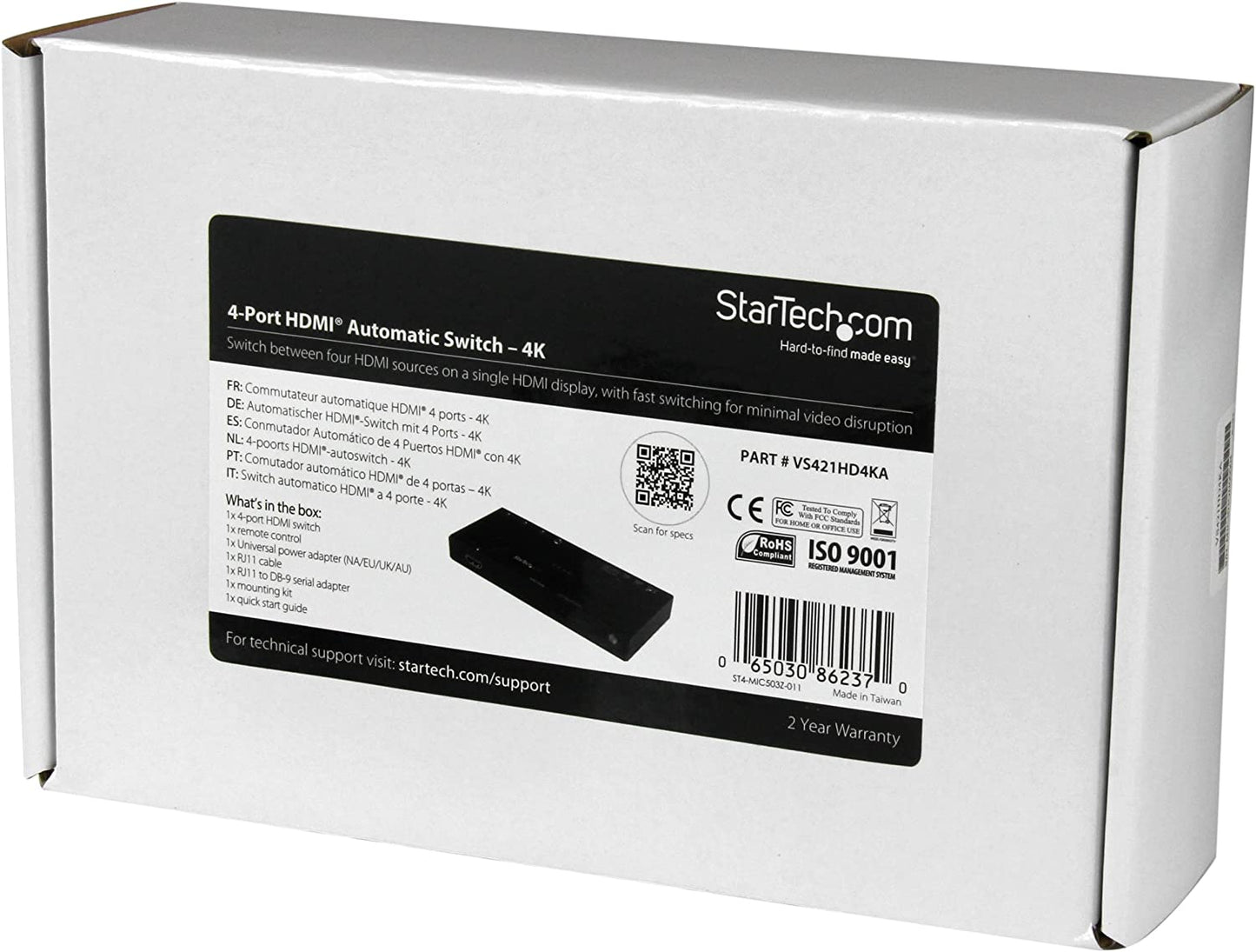 StarTech.com 4 Port HDMI Switch - 4K with Fast Switching, Auto-Sensing &amp; Serial Control – Automatic 4x1 HDMI Video Switcher Box (VS421HD4KA), Black