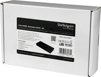 StarTech.com 4 Port HDMI Switch - 4K with Fast Switching, Auto-Sensing &amp; Serial Control – Automatic 4x1 HDMI Video Switcher Box (VS421HD4KA), Black