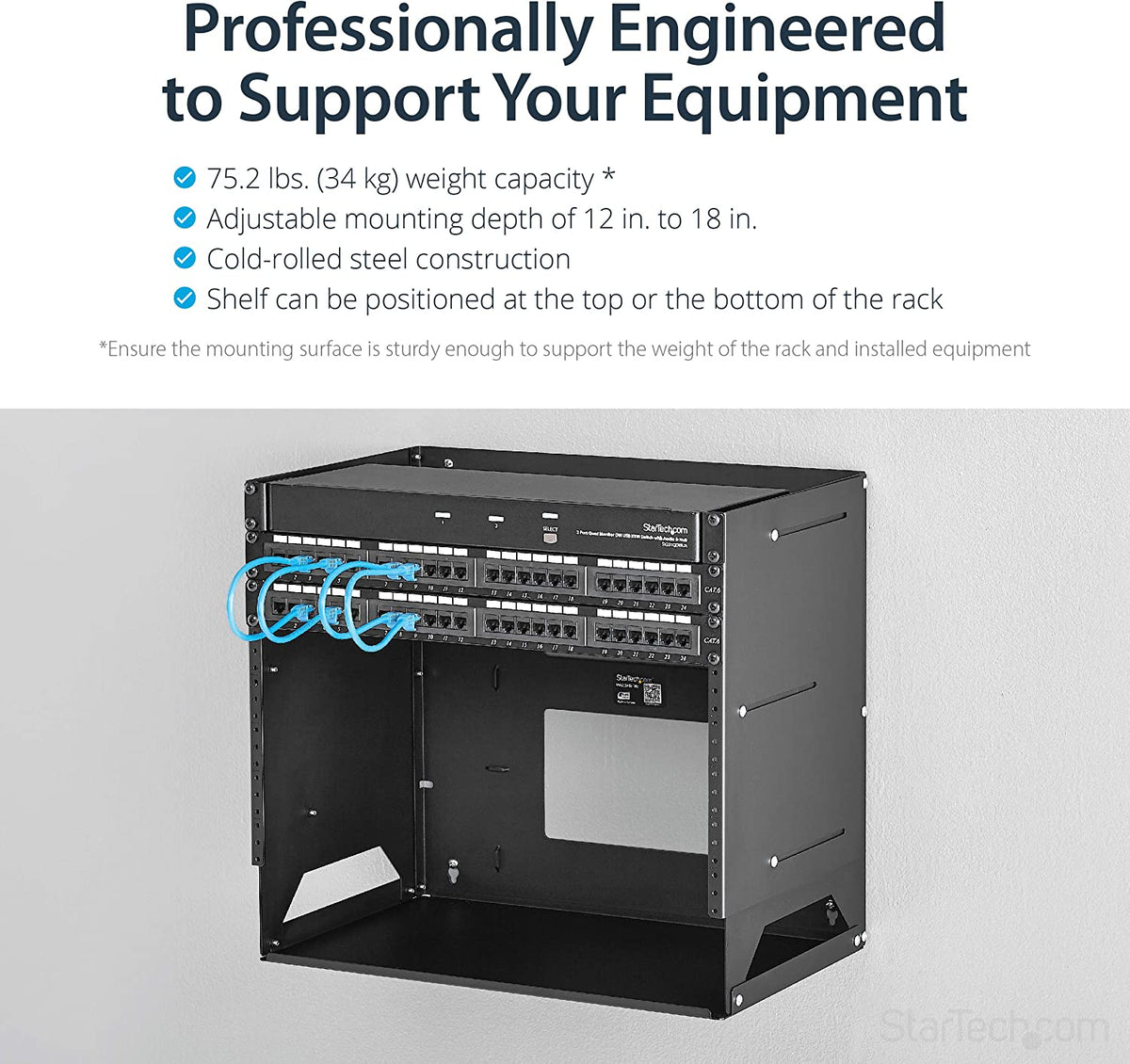 StarTech.com 8U Open Frame Wall Mount Network Rack w/ Built in Shelf - 2-Post Adjustable Depth (12" to 18") Equipment Rack - 75.2lbs (WALLSHELF8U) 17.6"x19.1"x12.1" Adjustable Depth w Shelf
