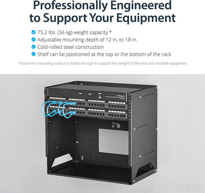 StarTech.com 8U Open Frame Wall Mount Network Rack w/ Built in Shelf - 2-Post Adjustable Depth (12" to 18") Equipment Rack - 75.2lbs (WALLSHELF8U) 17.6"x19.1"x12.1" Adjustable Depth w Shelf