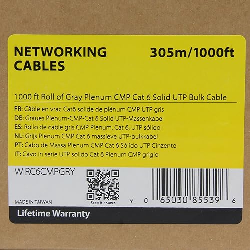 StarTech.com 1000 ft Roll of Gray Plenum CMP Cat 6 Solid UTP Bulk Cable - CMP / FT6 Plenum Rated - Ethernet Cat6 Bulk Box- 23 AWG - 1000ft (WIRC6CMPGRY) Gray Cat6 - 1000ft