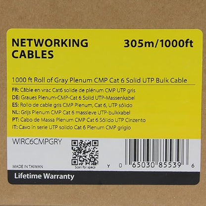 StarTech.com 1000 ft Roll of Gray Plenum CMP Cat 6 Solid UTP Bulk Cable - CMP / FT6 Plenum Rated - Ethernet Cat6 Bulk Box- 23 AWG - 1000ft (WIRC6CMPGRY) Gray Cat6 - 1000ft