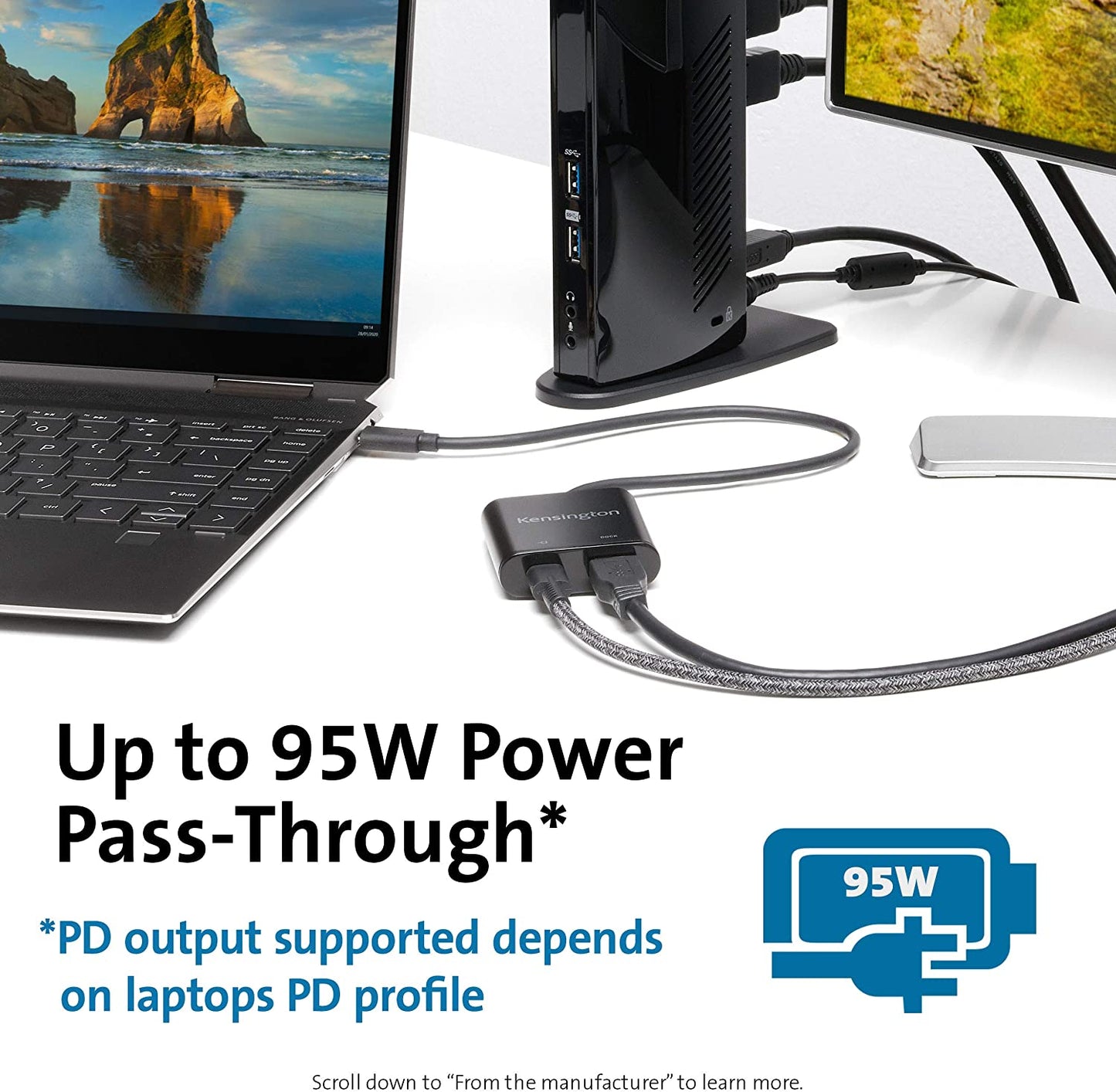 Kensington PD1000 USB-C 95W Power Delivery Dongle for USB 3.0 (Type A) Docking Stations (K39100WW)