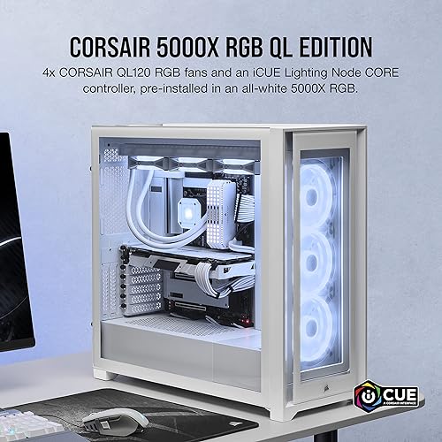 CORSAIR iCUE 5000X RGB QL Edition Mid-Tower Case - True White - Four CORSAIR QL120 RGB Fans - Included CORSAIR iCUE Lighting Node CORE - All-White Finish - Easy Cable Management - 136 Total RGB LEDs True White - QL Edition Smart Case