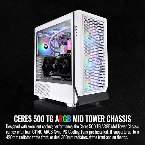 Thermaltake Ceres 500 Snow Edition Mid Tower E-ATX Computer Case with Tempered Glass Side Panel; 4 Preinstalled PWM ARGB Fans; Rotational PCIe Slots & GPU Holder; CA-1X5-00M6WN-00; 3 Years Warranty