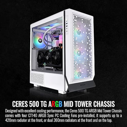 Thermaltake Ceres 500 Snow Edition Mid Tower E-ATX Computer Case with Tempered Glass Side Panel; 4 Preinstalled PWM ARGB Fans; Rotational PCIe Slots & GPU Holder; CA-1X5-00M6WN-00; 3 Years Warranty