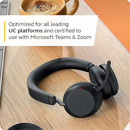 Jabra Evolve2 75 Wireless PC Headset with Charging Dock and 8-Mic Technology - Dual Foam Stereo Headphones with Advanced Active Noise Cancellation, USB-A Bluetooth Adapter and MS Compatibility - Black Headset + Charging Stand (USB-A) MS Teams Compatible