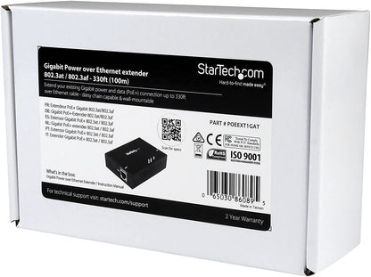 StarTech.com 1 Port Gigabit PoE+ Extender 802.3at &amp; 802.3af - 100m (330ft) - Power over Ethernet Extender - PoE Repeater Network Extender (POEEXT1GAT)