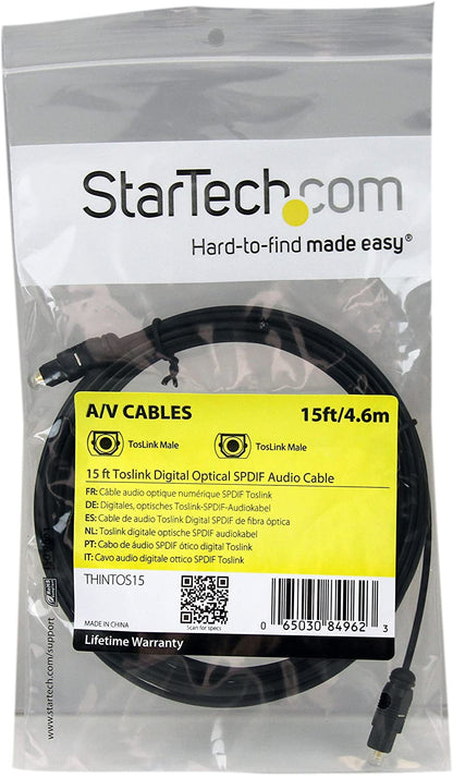 StarTech.com 15 ft Thin Toslink Digital Optical SPDIF Audio Cable - 15ft / 15 Feet Optical Audio Cable (THINTOS15),Black