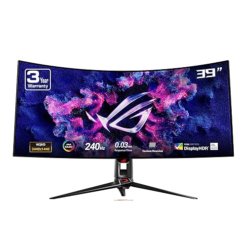 ASUS ROG Swift 39” Ultrawide 800R Curved OLED Gaming Monitor (PG39WCDM) - 21:9 (3440x1440), 240Hz, 0.03ms, G-SYNC Compatible, Custom Heatsink, Smart KVM, 90W USB-C, DisplayWidget, 3 yr Warranty