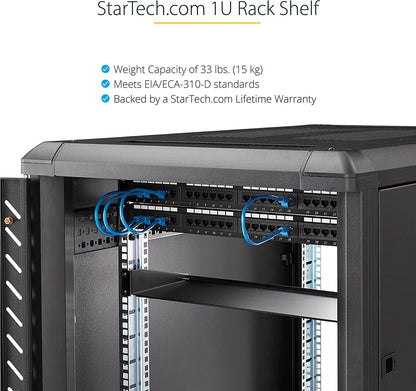 StarTech.com 1U Server Rack Shelf - Universal Rack Mount Cantilever Shelf for 19" Network Equipment Rack &amp; Cabinet - Heavy Duty Steel – Weight Capacity 33lb/15kg - 7" Deep Tray, Black (CABSHELF1U) 7" Depth 1U Rack Shelf