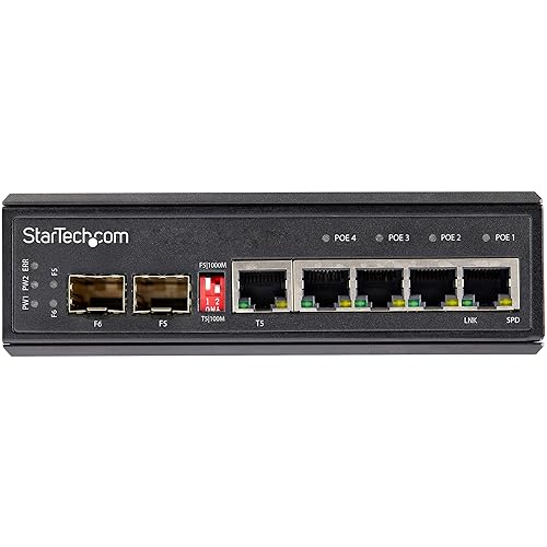 StarTech.com Industrial 5 Port Gigabit Ethernet Switch - 4 PoE RJ45 +2 SFP Slots 30W PoE+ 12-48VDC 10/100/1000 Rugged Power Over Ethernet LAN Switch -40C to 75C - DIN Mountable (IES1G52UP12V)