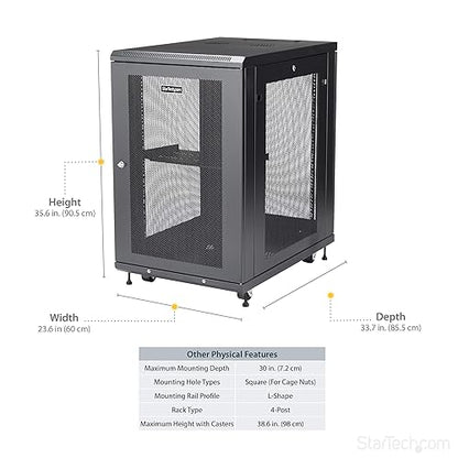 StarTech.com 4-Post 18U Server Rack Cabinet, 19 Data Rack Cabinet for IT / Network Equipment, with Adjustable Mounting Rails 18U Cabinet RK1833BKM