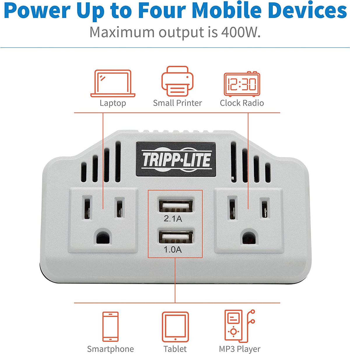 Tripp Lite 400W Car Power Inverter with 2 Outlets &amp; 2 USB Charging Ports, Auto Inverter, Ultra Compact (PV400USB),Gray