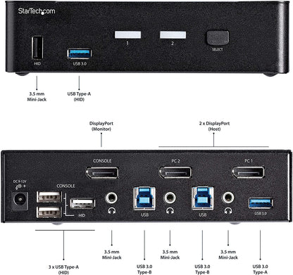 StarTech.com 2 Port DisplayPort KVM Switch - 4K 60Hz - Single Display - Dual Port UHD DP 1.2 USB KVM Switch with Integrated USB 3.0 Hub &amp; Audio - Dell HP Apple Lenovo - TAA Compliant (SV231DPU34K)