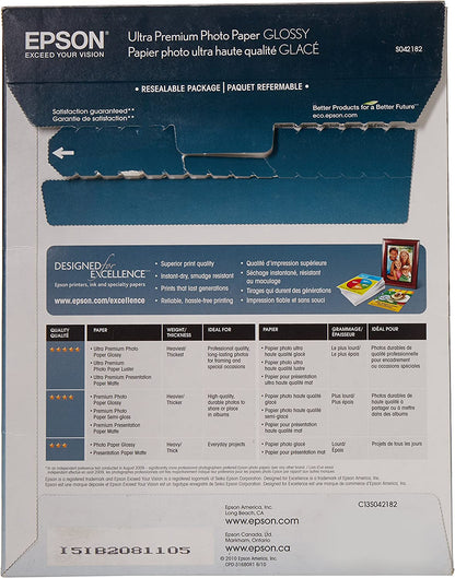 Epson Ultra Premium Photo Paper Glossy, Letter, 8.5 x 11, 25 Sheets (S042182), White