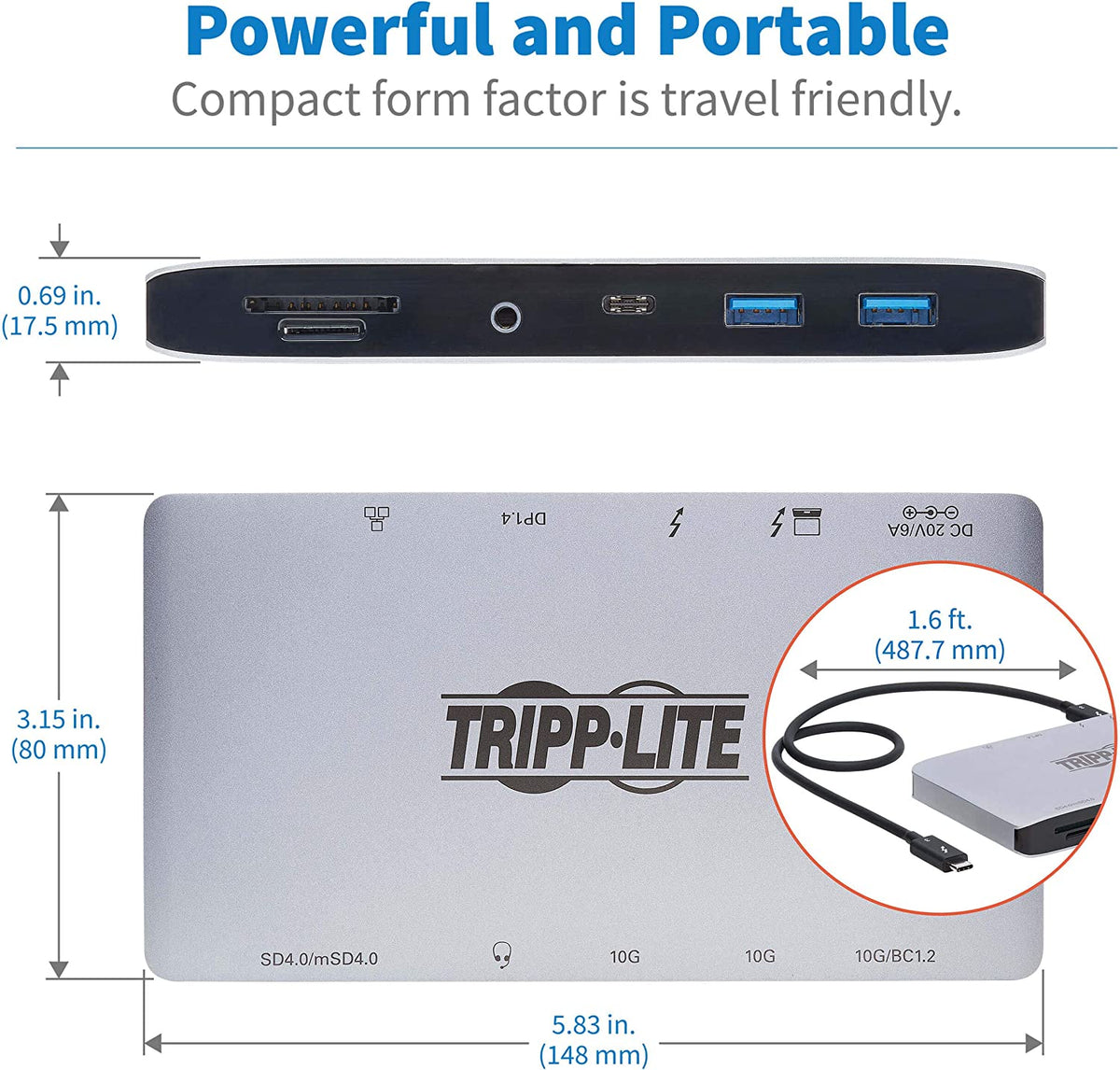 Tripp Lite Thunderbolt 3 Dock, Dual Monitor Display, Hub Adds 8K DisplayPort, USB 3.2 Gen 2, USB A, USB C, Memory Card, GbE, Silver/Black (MTB3-DOCK-03)