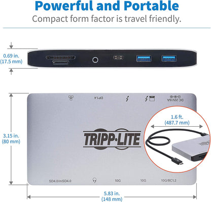 Tripp Lite Thunderbolt 3 Dock, Dual Monitor Display, Hub Adds 8K DisplayPort, USB 3.2 Gen 2, USB A, USB C, Memory Card, GbE, Silver/Black (MTB3-DOCK-03)