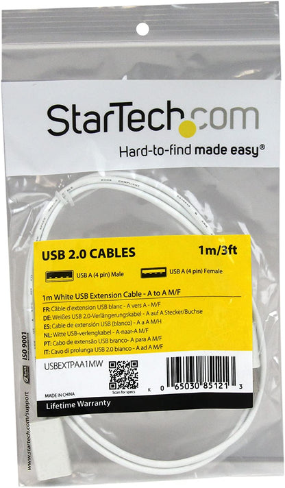 StarTech.com 1m White USB 2.0 Extension Cable Cord - A to A - USB Male to Female Cable - 1x USB A (M), 1x USB A (F) - White, 1 Meter (USBEXTPAA1MW) White 3ft