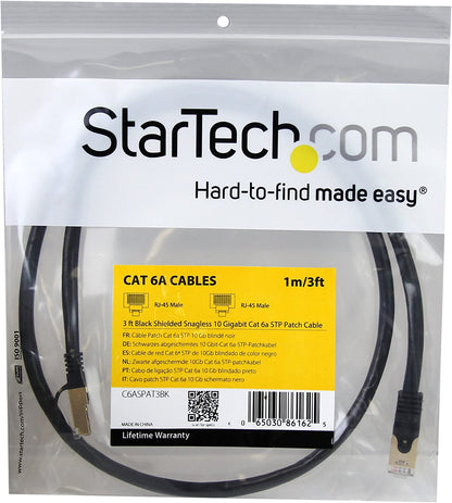 StarTech.com 3ft CAT6a Ethernet Cable - 10 Gigabit Shielded Snagless RJ45 100W PoE Patch Cord - 10GbE STP Network Cable w/Strain Relief - Black Fluke Tested/Wiring is UL Certified/TIA (C6ASPAT3BK) 3 ft Black