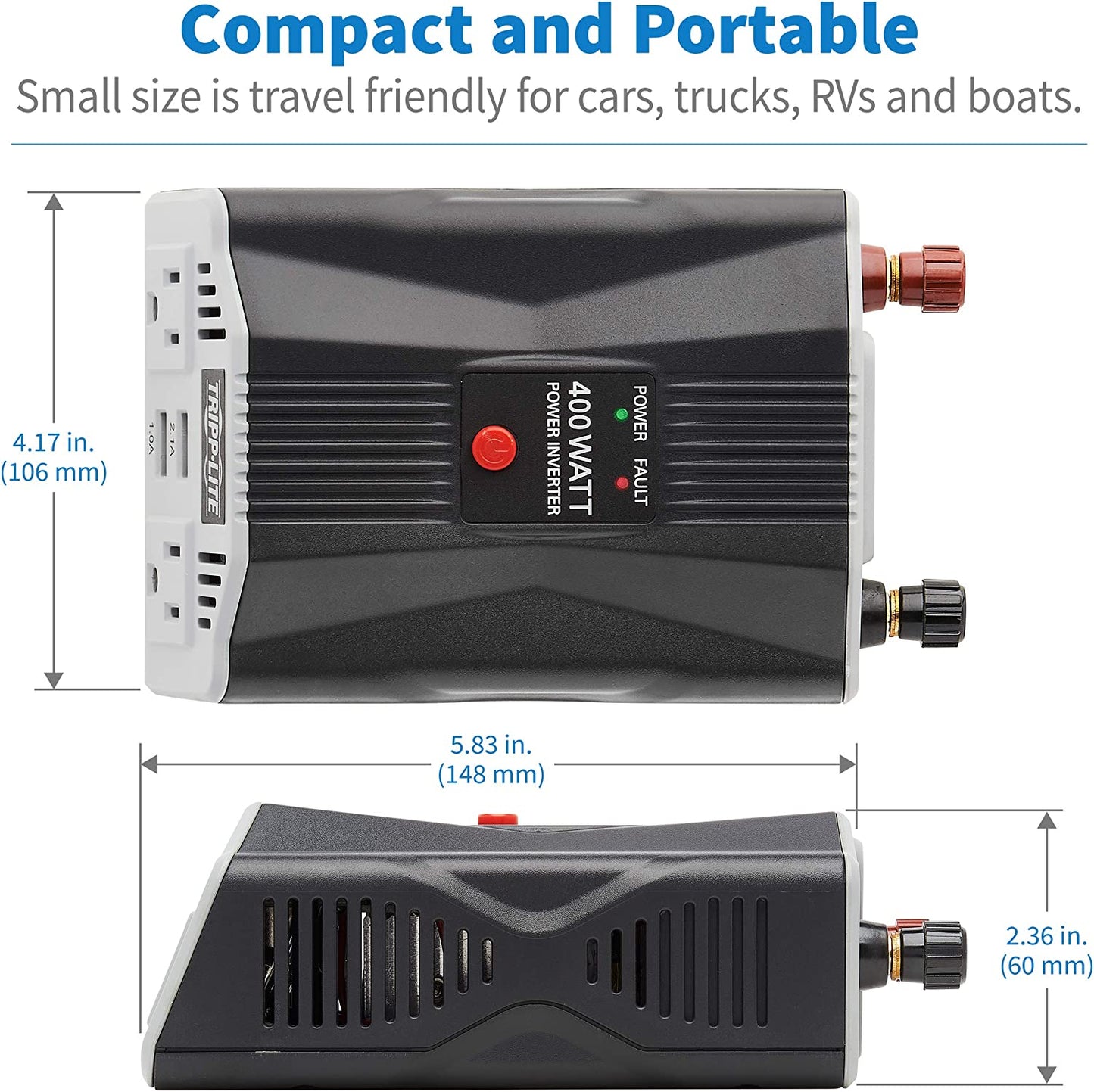 Tripp Lite 400W Car Power Inverter with 2 Outlets &amp; 2 USB Charging Ports, Auto Inverter, Ultra Compact (PV400USB),Gray