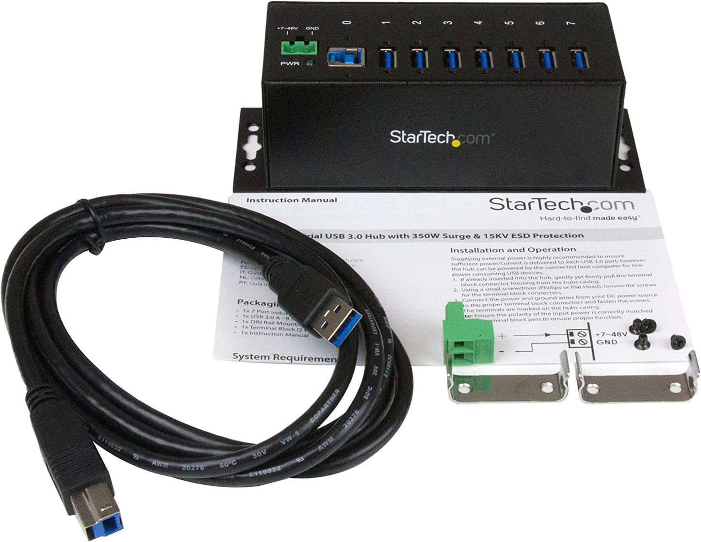 StarTech.com 7-Port USB 3.0 Hub - Metal Industrial USB-A Hub with ESD Protection &amp; 350W Surge Protection - Din Rail, Wall or Desk Mountable - TAA Compliant USB Expander Hub (ST7300USBME) 7 Port USB 3.0