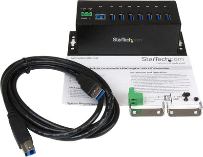 StarTech.com 7-Port USB 3.0 Hub - Metal Industrial USB-A Hub with ESD Protection &amp; 350W Surge Protection - Din Rail, Wall or Desk Mountable - TAA Compliant USB Expander Hub (ST7300USBME) 7 Port USB 3.0