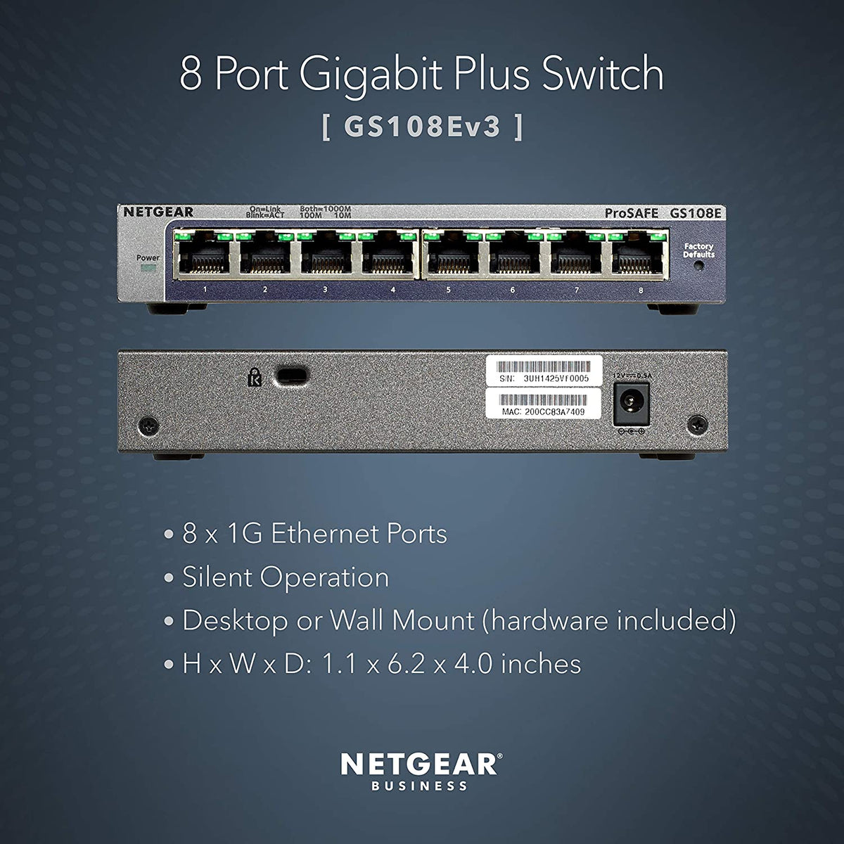 NETGEAR 8-Port Gigabit Ethernet Plus Switch (GS108Ev3) - Desktop, and ProSAFE Limited Lifetime Protection Plus 8 port