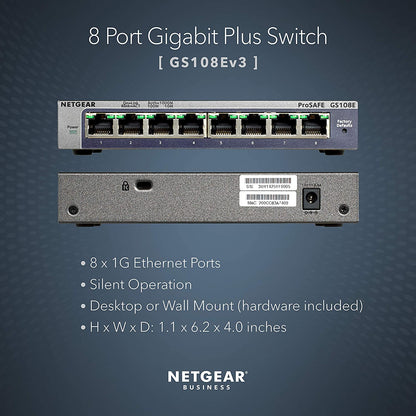 NETGEAR 8-Port Gigabit Ethernet Plus Switch (GS108Ev3) - Desktop, and ProSAFE Limited Lifetime Protection Plus 8 port