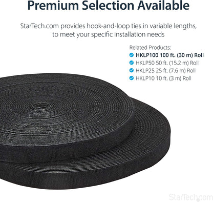 StarTech.com 100ft. Hook and Loop Roll - Cut-to-Size Reusable Cable Ties - Bulk Industrial Wire Fastener Tape - Adjustable Fabric Wraps - Black (HKLP100) 100 ft Black