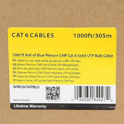 StarTech.com 1000 ft Roll of Blue Plenum CMP Cat 6 Solid UTP Bulk Cable - CMP/FT6 Plenum Fire Rating - ETL Verified - 23 AWG - 1000ft Cat6 (WIRC6CMPBLU) Blue Cat6 - 1000ft